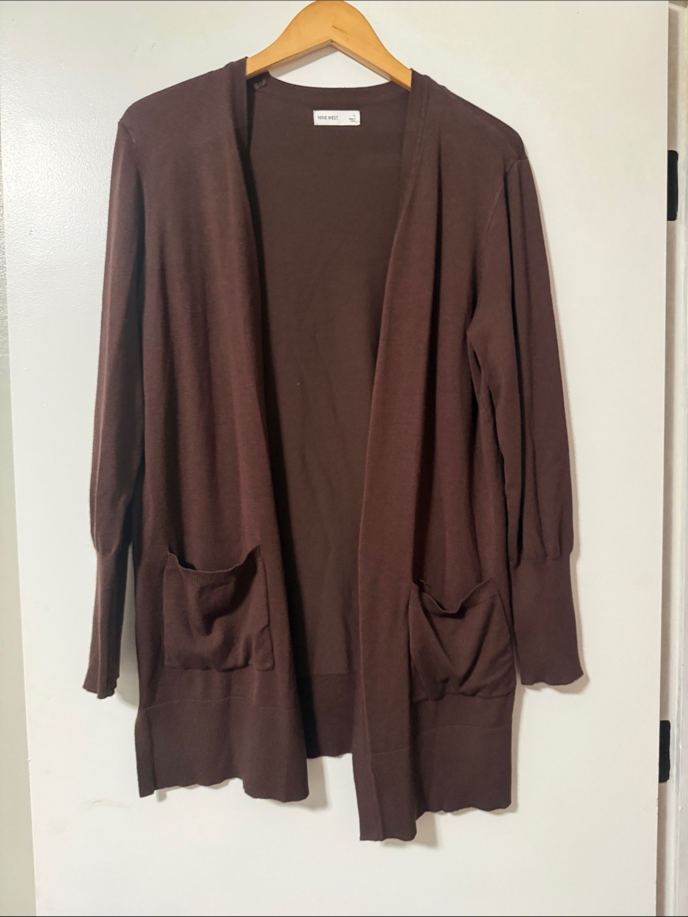 Nine West Chocolate Brown Open-Front Pocket Cardigan